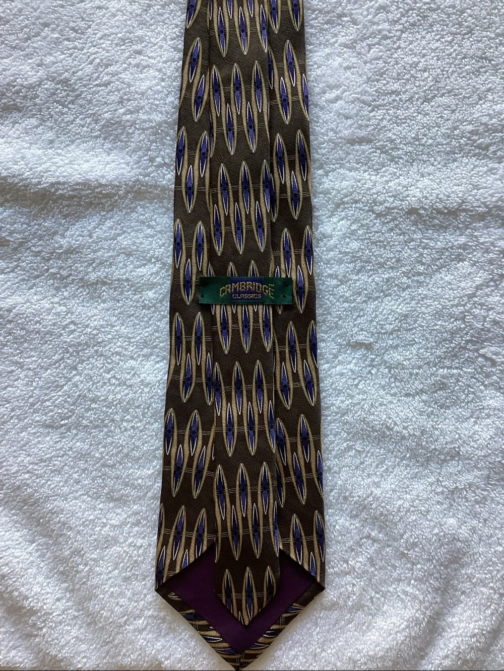 Brown Silk Tie with Blue and Gold Geometric Motif